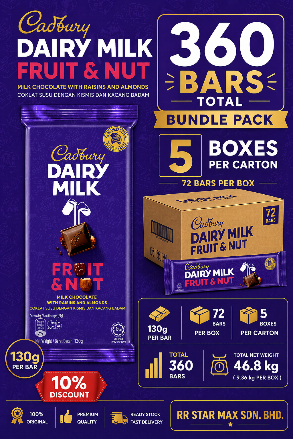Cadbury Dairy Milk Fruit & Nut Chocolate Bundle Pack 130g (360 Bars)